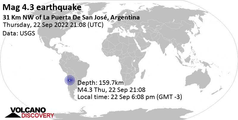 Light mag. 4.3 earthquake - 51 km northeast of Fiambala, Departamento de Tinogasta, Catamarca, Argentina, on Thursday, Sep 22, 2022 at 6:08 pm (GMT -3)