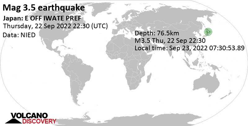 Schwaches Erdbeben Stärke 3.5 - Nordpazifik, 53 km nordöstlich von Miyako, Präfektur Iwate, Japan, am Freitag, 23. Sep 2022 um 07:30 Lokalzeit