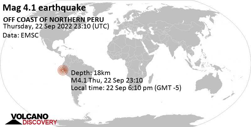 Ελαφρύς σεισμός μεγέθους 4.1 - South Pacific Ocean, 139 km νοτιοδυτικά από Trujillo, Περού, Πέμπτη, 22 Σεπ 2022 18:10 (GMT -5)