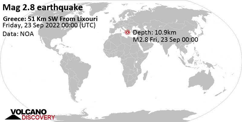 Weak mag. 2.8 earthquake - Ionian Sea, 13 km southwest of Argostoli, Greece, on Friday, Sep 23, 2022 at 3:00 am (GMT +3)