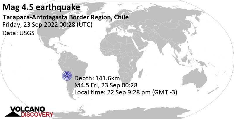 Light mag. 4.5 earthquake - 55 km north of Calama, Provincia de El Loa, Antofagasta, Chile, on Thursday, Sep 22, 2022 at 9:28 pm (GMT -3)