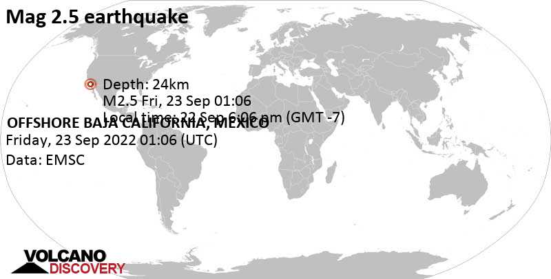Minor mag. 2.5 earthquake - North Pacific Ocean, 26 km south of Rosarito, Baja California, Mexico, on Thursday, Sep 22, 2022 at 6:06 pm (GMT -7)