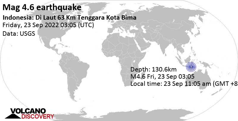 Leichtes Erdbeben der Stärke 4.6 - 71 km westlich von Labuan Bajo, East Nusa Tenggara, Indonesien, am Freitag, 23. Sep 2022 um 11:05 Lokalzeit