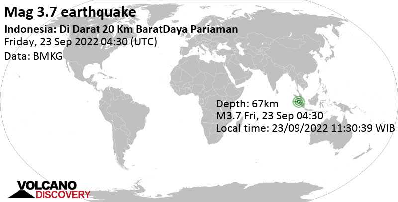 Schwaches Erdbeben Stärke 3.7 - Indischer Ozean, 22 km südwestlich von Pariaman, Sumatera Barat, Indonesien, am Freitag, 23. Sep 2022 um 11:30 Lokalzeit