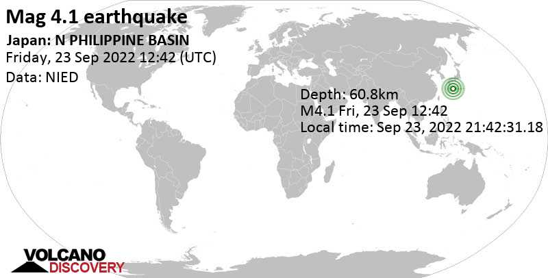 Light mag. 4.1 earthquake - Philippine Sea, 283 km southeast of Kagoshima, Japan, on Friday, Sep 23, 2022 at 9:42 pm (GMT +9)