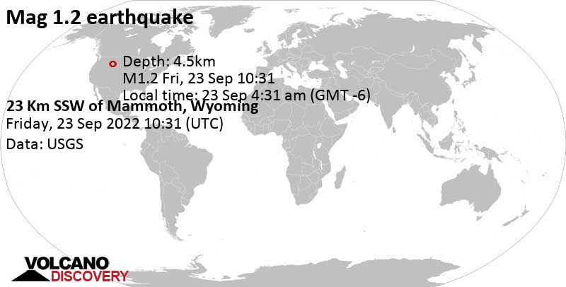Minor mag. 1.2 earthquake - 23 Km SSW of Mammoth, Wyoming, on Friday, Sep 23, 2022 at 4:31 am (GMT -6)