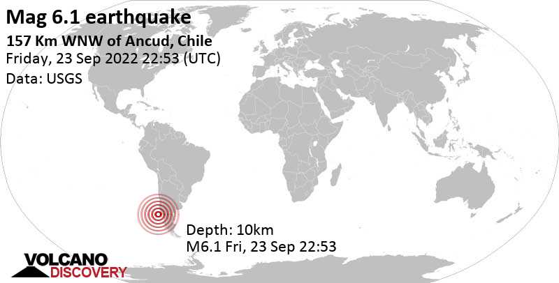 Una Mac muy fuerte.  Terremoto de 6.1 – Océano Pacífico Sur, Angut, 156 km al oeste de Chilo, Los Lagos, Chile, viernes 23 de septiembre de 2023 a las 5:53 pm (GMT -5)