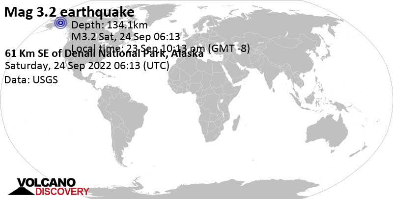 Sehr schwaches Beben Stärke 3.2 - 117 km südwestlich von Healy, Denali, Alaska, USA, am Freitag, 23. Sep 2022 um 22:13 Lokalzeit