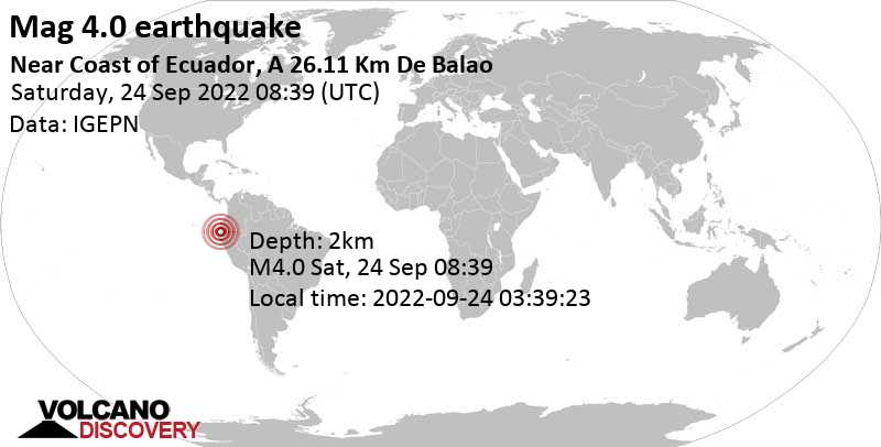 4.0 quake South Pacific Ocean, 30 km north of Machala, Provincia de El Oro, Ecuador, Sep 24, 2022 3:39 am (GMT -5)