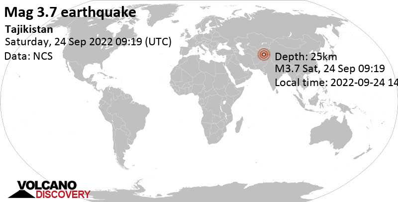 Light mag. 3.7 earthquake - Gorno-Badakhshan, 36 km northeast of Khandūd, Wākhān, Badakhshan, Afghanistan, on Saturday, Sep 24, 2022 at 2:19 pm (GMT +5)