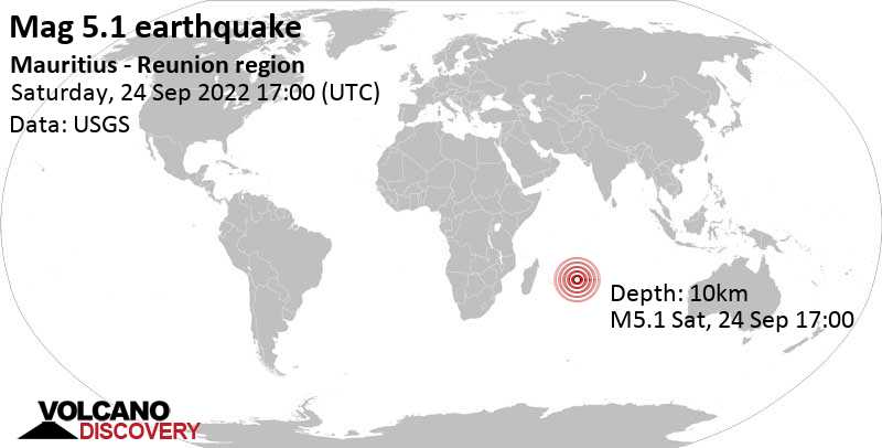 5.0 quake Indian Ocean, Mauritius, Sep 24, 2022 9:00 pm (GMT +4)