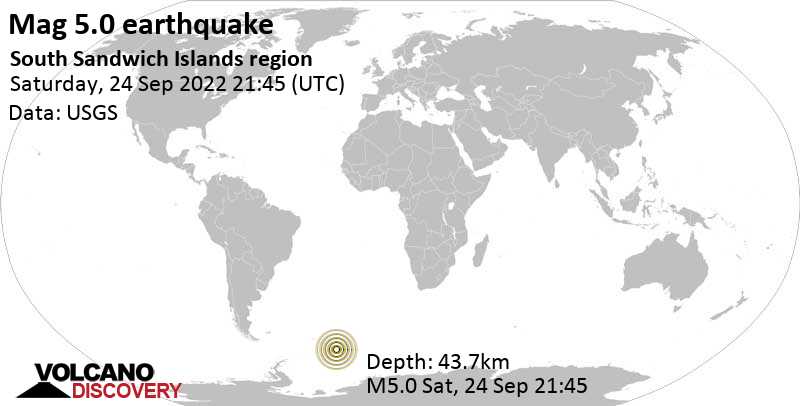 5.0 quake South Atlantic Ocean, South Georgia & South Sandwich Islands, Sep 24, 2022 7:45 pm (GMT -2)