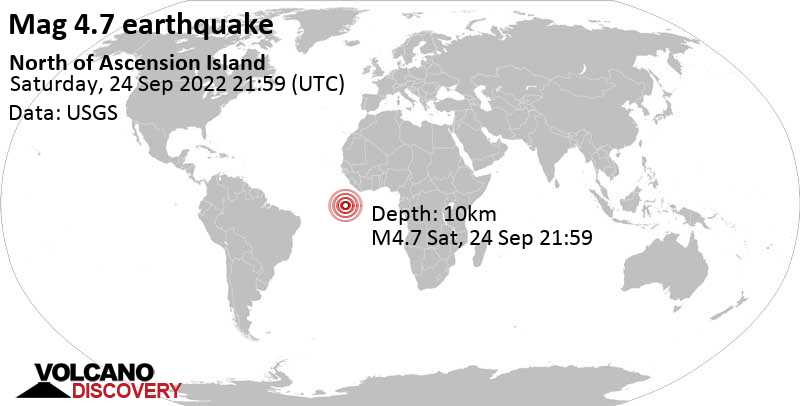 4.7 quake South Atlantic Ocean Sep 24, 2022 8:59 pm (GMT -1)