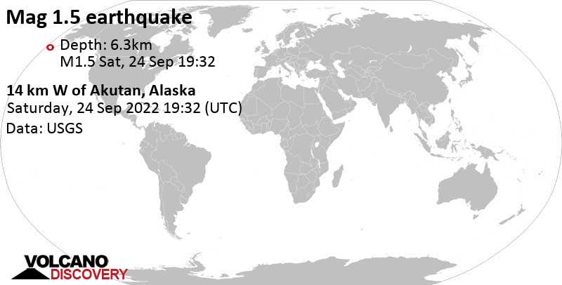 Minor mag. 1.6 earthquake - 12 Km W of Akutan, Alaska, on Saturday, Sep 24, 2022 at 11:32 am (GMT -8)