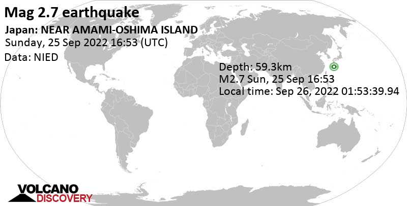 Séisme mineur mag. 2.7 - East China Sea, 24 km au nord-ouest de Naze, Amami Shi, Kagoshima, Japon, lundi, 26 sept. 2022 01:53 (GMT +9)