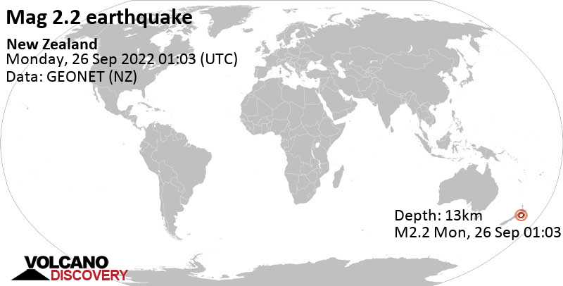 Sehr schwaches Beben Stärke 2.2 - 75 km östlich von Palmerston North, Manawatu-Wanganui, Neuseeland, am Montag, 26. Sep 2022 um 14:03 Lokalzeit