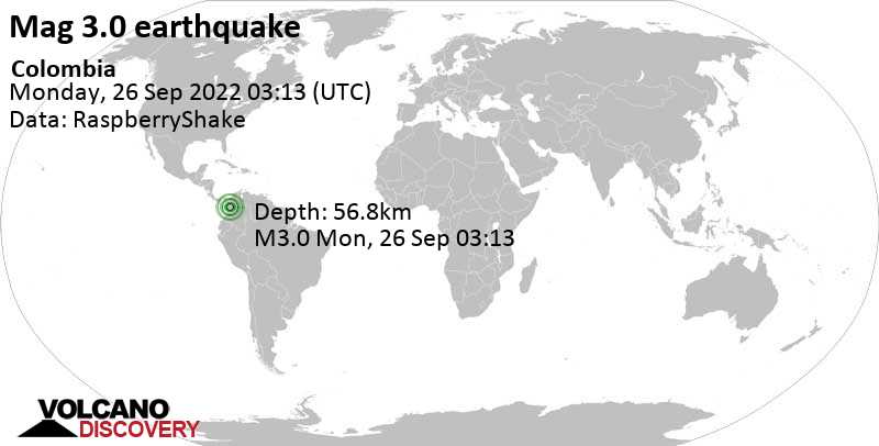 Незначительное землетрясение маг. 3.0 - Departamento del Choco, 22 km к югу от Ciudad Bolivar, Колумбия, Воскресенье, 25 сен 2022 22:13 (GMT -5)