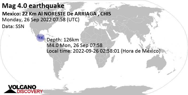 Light mag. 4.0 earthquake - 32 km south of Cintalapa de Figueroa, Chiapas, Mexico, on Monday, Sep 26, 2022 at 2:58 am (GMT -5)