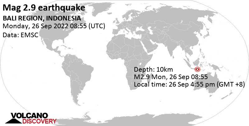Слабое землетрясение маг. 2.9 - 45 km к востоку от Сингараджа, Bali, Индонезия, Понедельник, 26 сен 2022 16:55 (GMT +8)