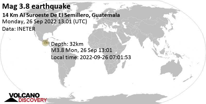Séisme faible mag. 3.8 - Océan Pacifique Nord, 45 km au sud-ouest de Pueblo Nuevo, Guatemala, lundi, 26 sept. 2022 07:01 (GMT -6)