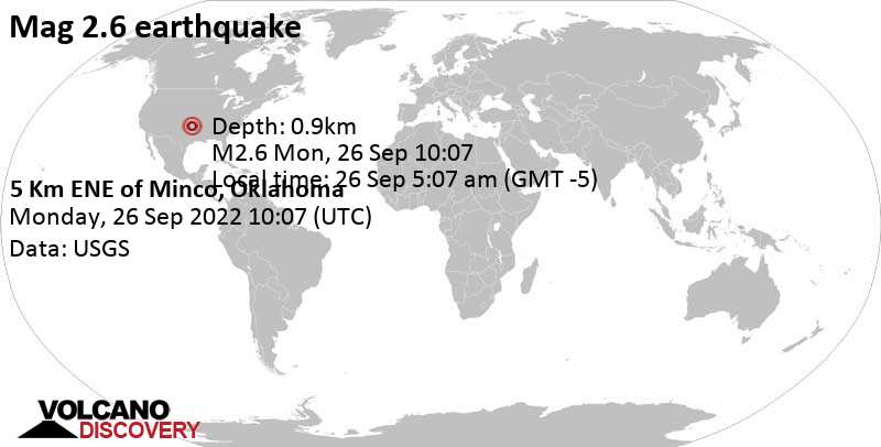 Quake Info Weak Mag 2 6 Earthquake 5 Km Ene Of Minco Oklahoma On Monday Sep 26 22 At 5 07 Am Gmt 5