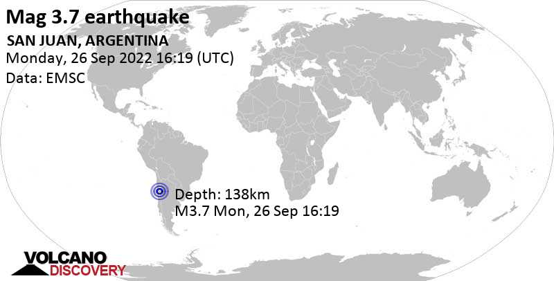 Sehr schwaches Beben Stärke 3.7 - 133 km nordwestlich von San José de Jachal, Departamento de Jachal, San Juan, Argentinien, am Montag, 26. Sep 2022 um 13:19 Lokalzeit