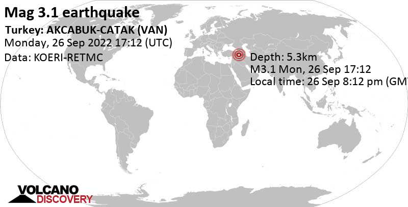Light mag. 3.1 earthquake - 57 km southwest of Van, Turkey, on Monday, Sep 26, 2022 at 8:12 pm (GMT +3)