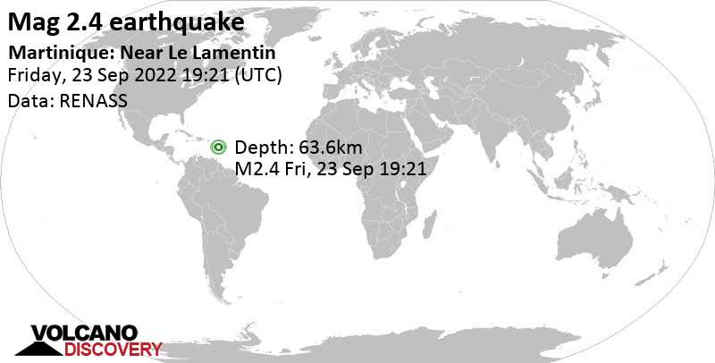 Незначительное землетрясение маг. 2.4 - North Atlantic Ocean, 82 km к северо-востоку от Фор-де-Франс, Мартиника, Пятница, 23 сентября 2022 19:21