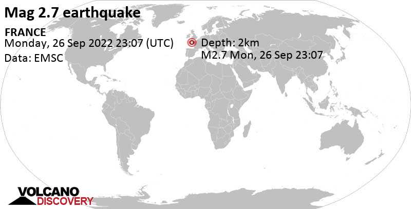 Schwaches Erdbeben Stärke 2.7 - 32 km nordöstlich von Quimper, Finistère, Bretagne, Frankreich, am Dienstag, 27. Sep 2022 um 01:07 Lokalzeit