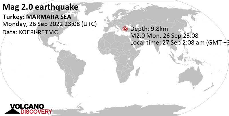 Μικρός σεισμός μεγέθους 2.0 - Θάλασσα του Μαρμαρά, 24 km νοτιοδυτικά από Beylikduzu, Τουρκία, Τρίτη, 27 Σεπ 2022 02:08 (GMT +3)