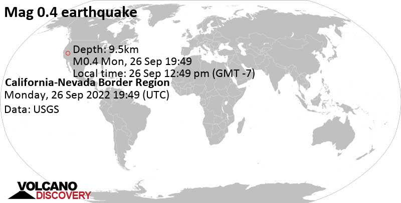 Minor mag. 0.4 earthquake - California-Nevada Border Region on Monday, Sep 26, 2022 at 12:49 pm (GMT -7)
