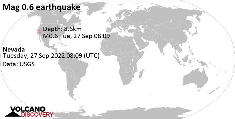 Незначительное землетрясение маг. 0.6 - Nevada, Вторник, 27 сен 2022 01:09 (GMT -7)