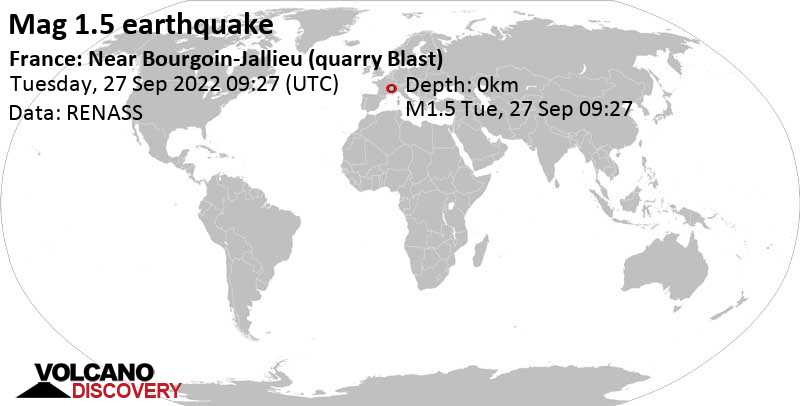 Minor mag. 1.5 earthquake - 23 km northeast of Bourgoin-Jallieu, Isère, Auvergne-Rhône-Alpes, France, on Tuesday, Sep 27, 2022 at 11:27 am (GMT +2)