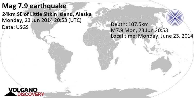 Major mag. 7.9 Earthquake - 24km SE of Little Sitkin Island, Alaska, on Monday, Jun 23, 2014, at 11:53 am (Adak time)