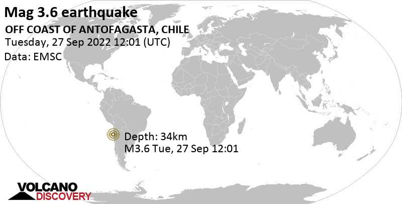 Schwaches Erdbeben Stärke 3.6 - South Pacific Ocean, 60 km westlich von Taltal, Provincia de Antofagasta, Chile, am Dienstag, 27. Sep 2022 um 07:01 Lokalzeit