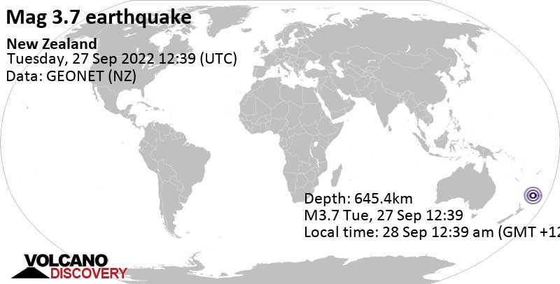 Sehr schwaches Beben Stärke 3.7 - South Pacific Ocean, am Mittwoch, 28. Sep 2022 um 00:39 Lokalzeit