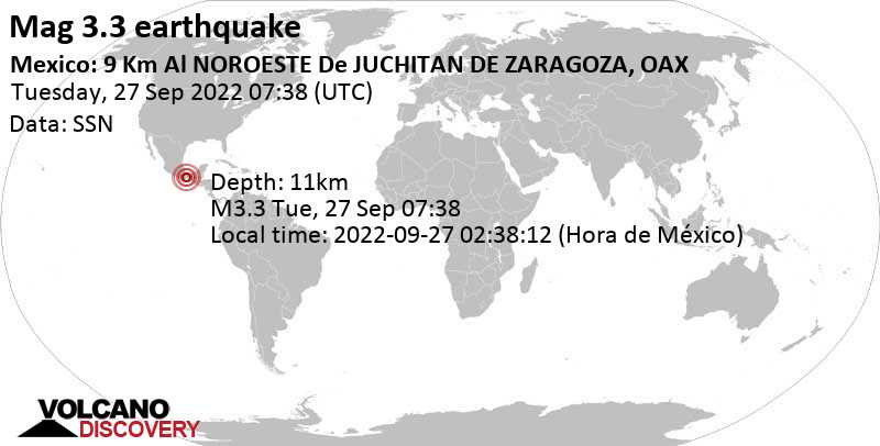 Séisme faible mag. 3.3 - 9.9 km au nord-ouest de Juchitán de Zaragoza, Mexique, mardi, 27 sept. 2022 02:38 (GMT -5)