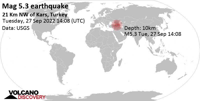 Terremoto forte mag. 5.3 - 21 km a nord ovest da Kars, Turchia, martedì, 27 set 2022 18:08 (GMT +4)