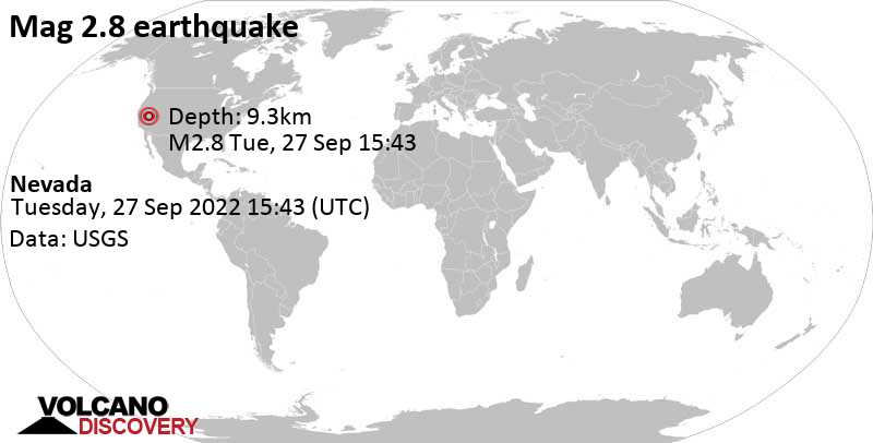 Слабое землетрясение маг. 2.8 - 64 km к западу от Tonopah, Най County, Невада, Соединенные Штаты, Вторник, 27 сен 2022 08:43 (GMT -7)