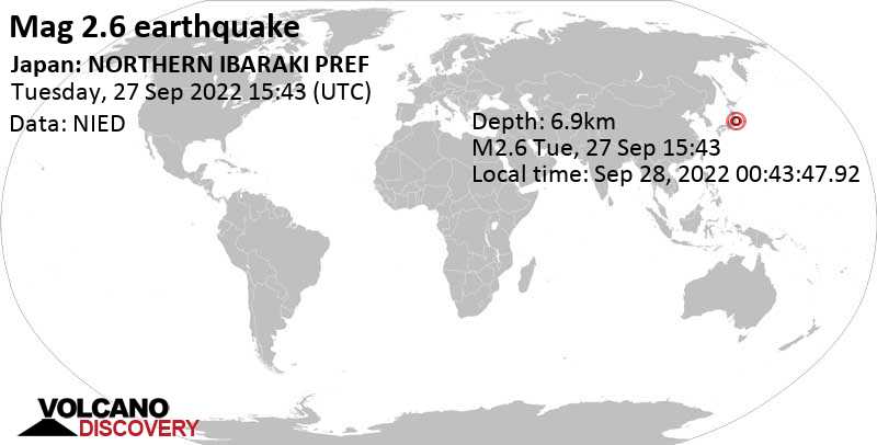 Weak mag. 2.6 earthquake - 14 km west of Kitaibaraki, Japan, on Wednesday, Sep 28, 2022 at 12:43 am (GMT +9)