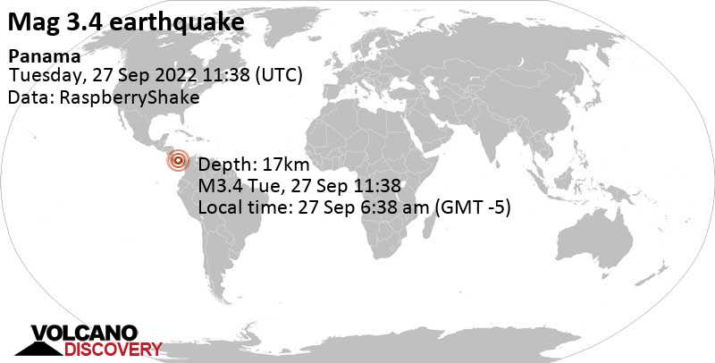 Light mag. 3.4 earthquake - Caribbean Sea, 77 km west of Colon, Panama, on Tuesday, Sep 27, 2022 at 6:38 am (GMT -5)