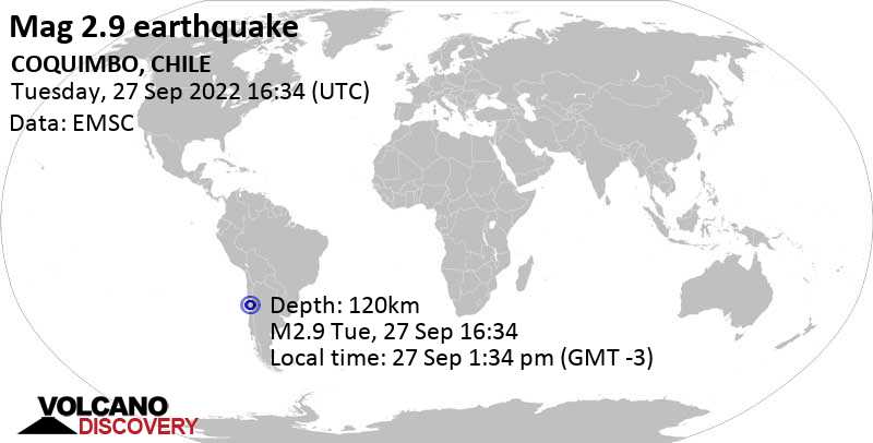 Sehr schwaches Beben Stärke 2.9 - 81 km östlich von Ovalle, Provincia de Limari, Coquimbo Region, Chile, am Dienstag, 27. Sep 2022 um 13:34 Lokalzeit