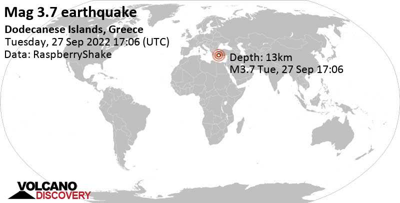Слабое землетрясение маг. 3.7 - Эгейское море, 39 km к востоку от Бодрум, Турция, Вторник, 27 сен 2022 20:06 (GMT +3)