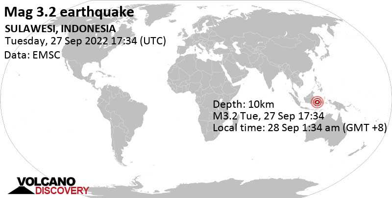 Terremoto leve mag. 3.2 - 114 km ENE of Palopo, South Sulawesi, Indonesia, miércoles, 28 sep 2022 01:34 (GMT +8)