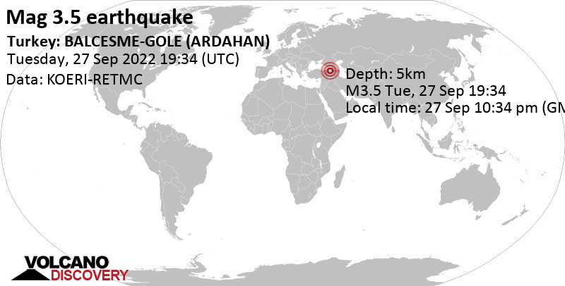 Light mag. 3.5 earthquake - Ardahan, 37 km northwest of Kars, Turkey, on Tuesday, Sep 27, 2022 at 10:34 pm (GMT +3)