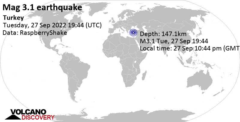 Minor mag. 3.1 earthquake - 44 km west of Seydişehir, Konya, Turkey, on Tuesday, Sep 27, 2022 at 10:44 pm (GMT +3)