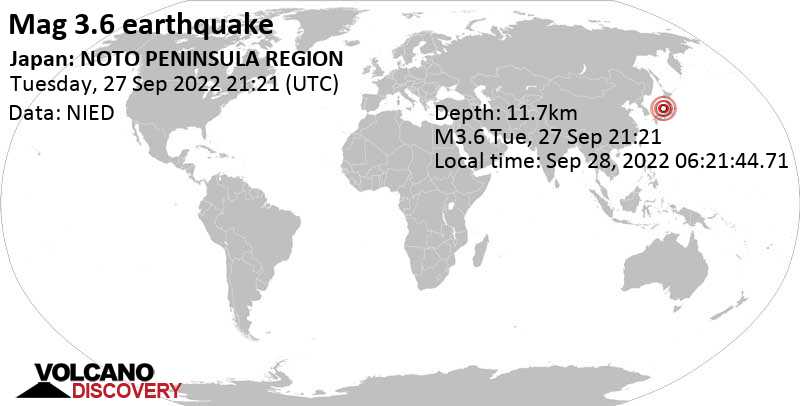 Light mag. 3.6 earthquake - Ishikawa, 90 km north of Toyama, Japan, on Wednesday, Sep 28, 2022 at 6:21 am (GMT +9)