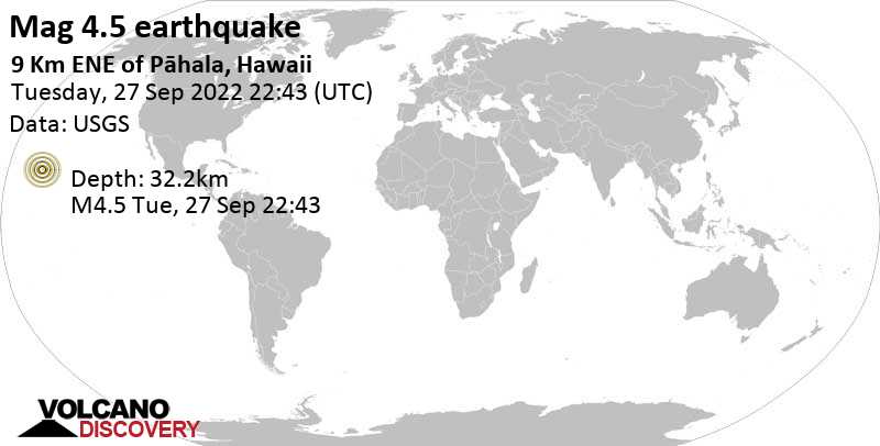Terremoto moderato mag. 4.5 - 63 km a sud ovest da Hilo, Contea di Hawaii County, Stati Uniti, martedì, 27 set 2022 12:43 (GMT -10)
