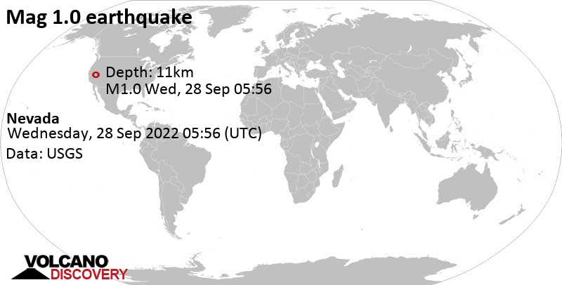 Minor mag. 1.0 earthquake - Nevada on Tuesday, Sep 27, 2022 at 10:56 pm (GMT -7)