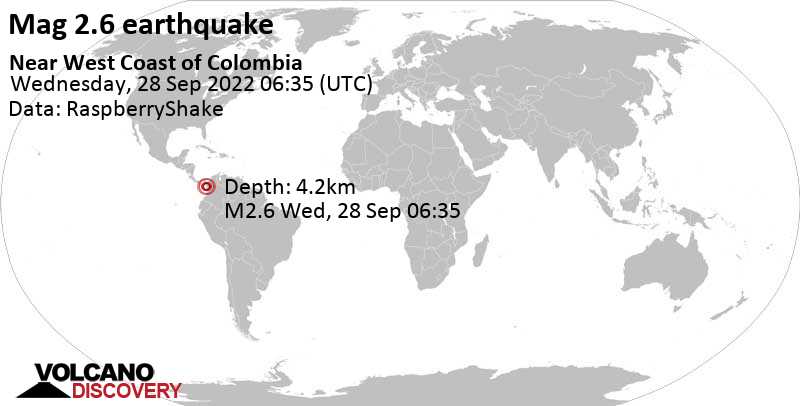 Слабое землетрясение маг. 2.6 - North Pacific Ocean, 22 km к северо-западу от Ciudad Mutis, Колумбия, Среда, 28 сен 2022 01:35 (GMT -5)